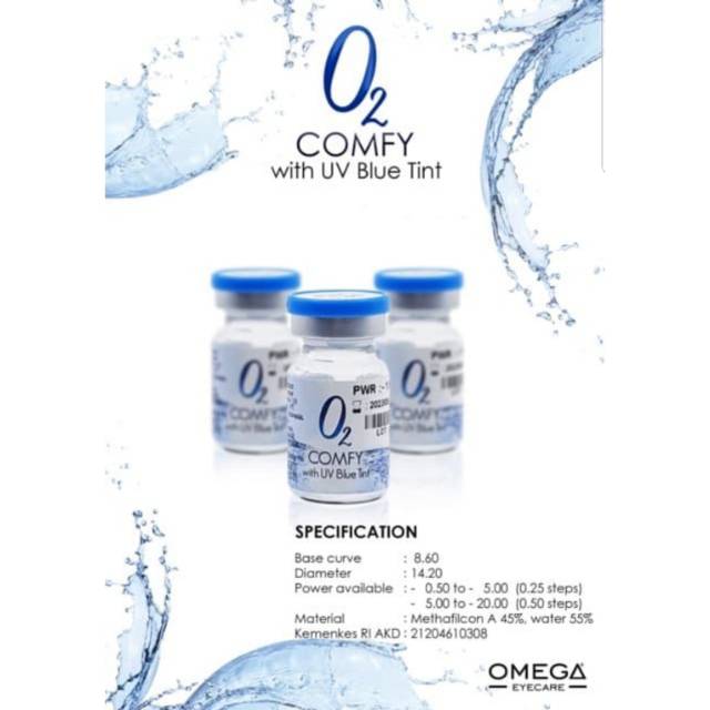 Softlens bening tahunan O2 COMFY by omega /soflen bening yearly o2 comfy 1btl(1/2 pasang) s/d -10.00