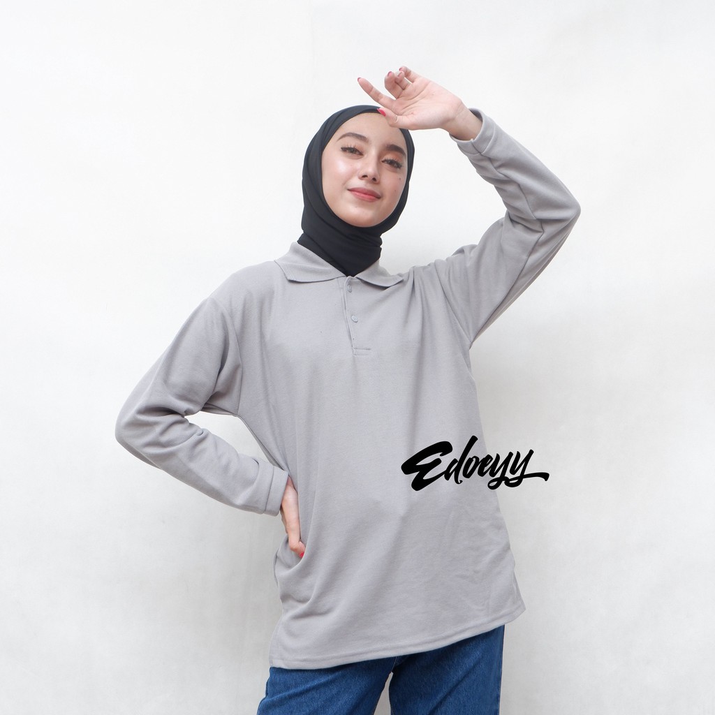 Kaos Polo Wanita Lengan Panjang ABU MUDA - Baju Kerah Berkerah Cewek Lengan Panjang