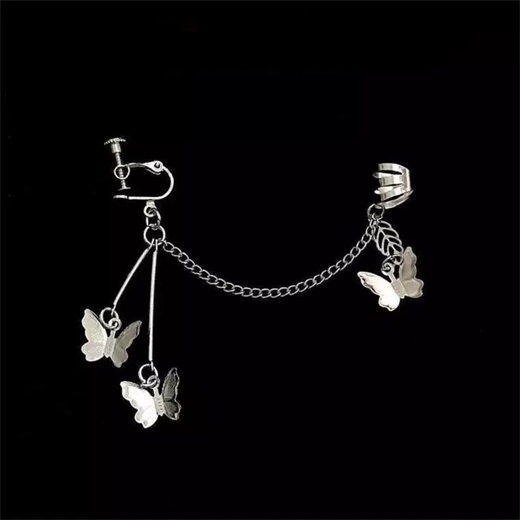 Anting korea wanita panjang model tusuk tindik ring rantai gantung rumbai earring untuk cewek gaul edgy motif kupu mahkota daun warna emas silver import-Kupu 3 Silver tindik