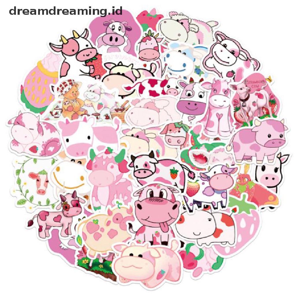 (dreamdreaming.id) 50pcs / Set Stiker Motif Kartun Strawberry / Sapi Untuk Dekorasi Laptop / Skateboard / Koper