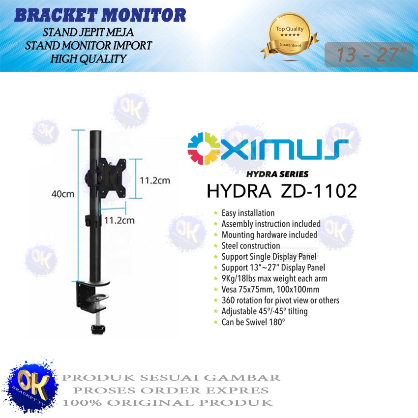 BRACKET TV LCD MONITOR 13&quot;-27&quot; OXIMUS HYDRA ZD1102 TILT SWIVEL ROTATE