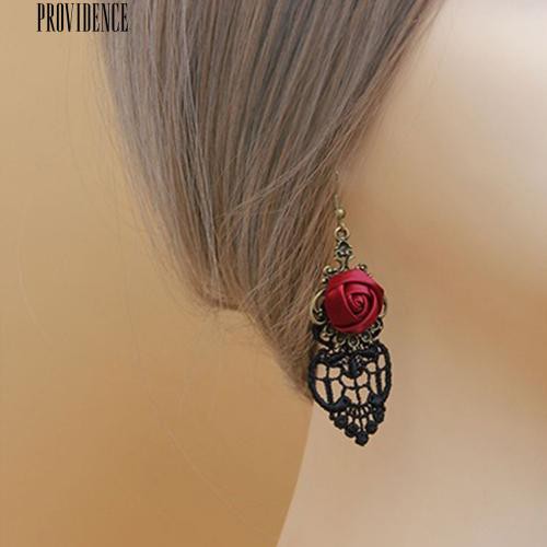 [Bayar Di Tempat]  1 Pair Vintage Gothic Vampire Halloween Bunga Hitam Renda Merah Anting Menjuntai