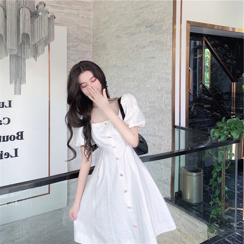 #Sisjuly# Dress Lengan Puff Niche Prancis Putih Wanita