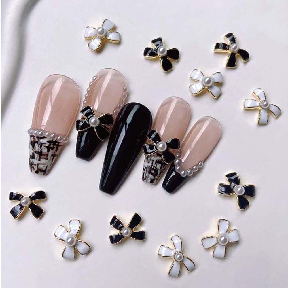 Mxbeauty Bow Nail Art Dekorasi Alloy Manicure Aksesoris Fashion Hitam Putih Ikatan Simpul Nail Drill