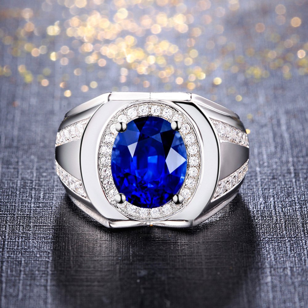 Baru Mewah Safir Platinum Cincin Berlian Zirkon Kristal Biru Perhiasan Fashion Pria Perak Rings