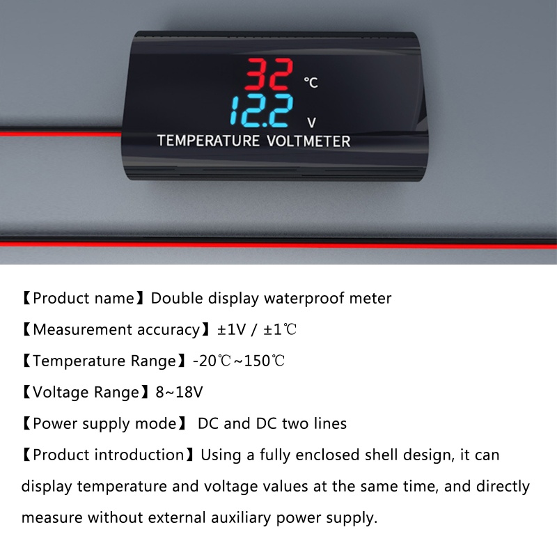 Btsg 2in1 Mobil Motor Anti Air Untuk DC 12V Voltmeter 0.28 inch Dual Displa Pengukur Suhu Tegangan Monito