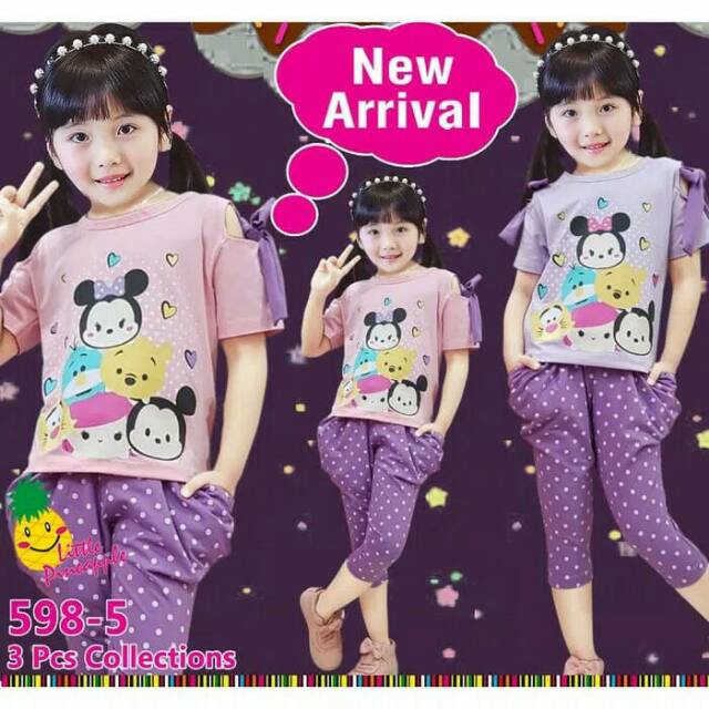 Baju Setelan Anak Cewek Perempuan little pineapple LP Sabrina Tsum Celana Kerut Ungu Polkadot