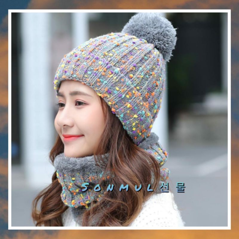 WOMAN WINTER KNIT BEANIE POMPOM + HAT ONE SET IMPORT TOPI KUPLUK + SYAL WANITA RAJUT MUSIM DINGIN