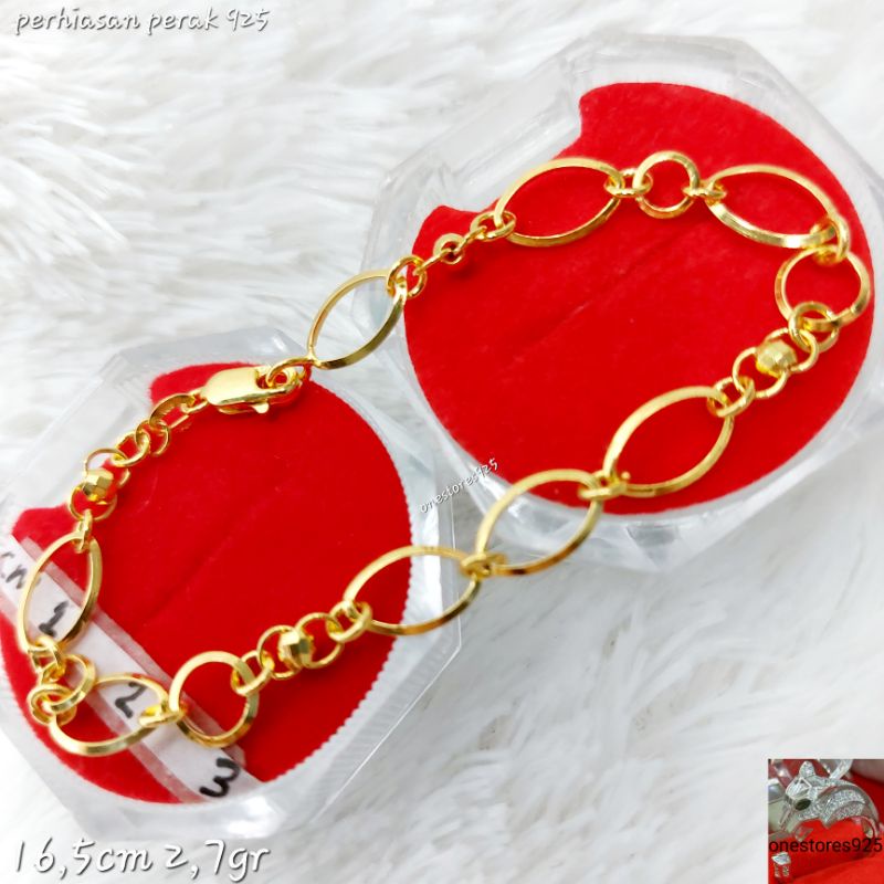 gelang perak asli silver 925 tangan wanita 3in1 lapis emas kuning 17cm