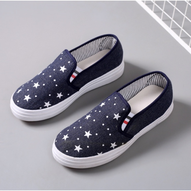 Sepatu Wanita Cewek Comfort Canvas Jean Star Women Flat Shoes SP020-Star Dark Blue