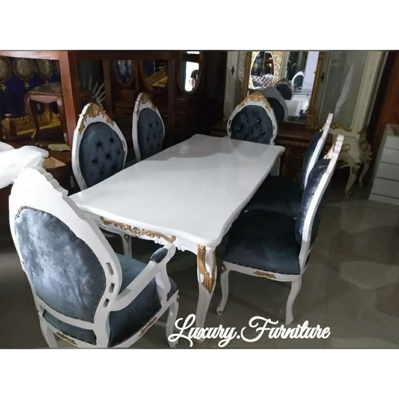 set meja makan keluarga shabby 6 kursi material jati kokoh berkualitas warna duco putih dan emas