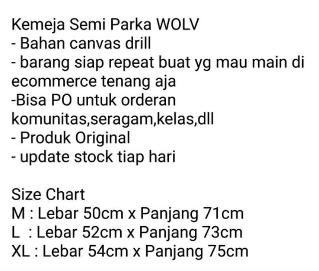 Jaket Semi Parka Kemeja Original WOLV saku 2 Termodis