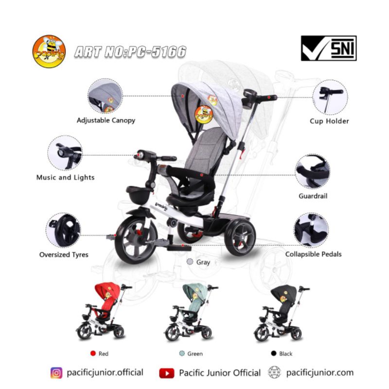 Sepeda Anak Roda Tiga Pacific PC 5166 Model Stroller Ada Canopy
