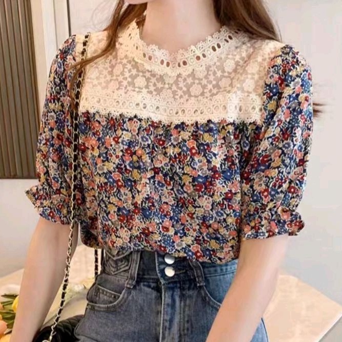 2477 Baju atasan blouse lengan pendek motif flower floral top Korean style wanita import baju atasan
