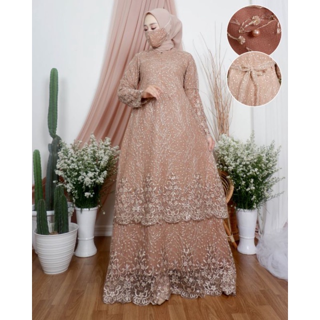 Gamis Tille Bordir premium/ Gamis tingkat Malaysia terbaru/Gamis kebaya butik/Gamis pesta murah mewa