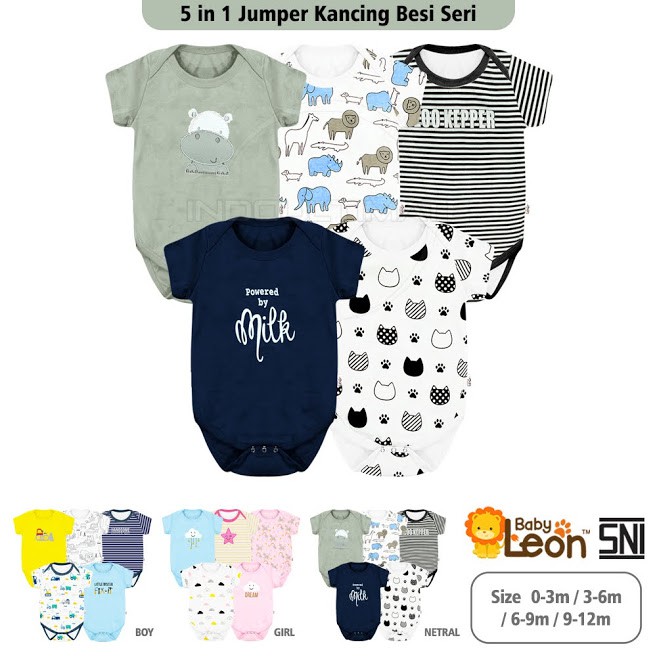 5in1 Jumper Bayi COTTON SNI BABY LEON Bodysuit Bayi Jumpsuit Anak Bayi Baju Tidur kaos Bayi BC-01-8 / BC-01-4 / BC-FL50