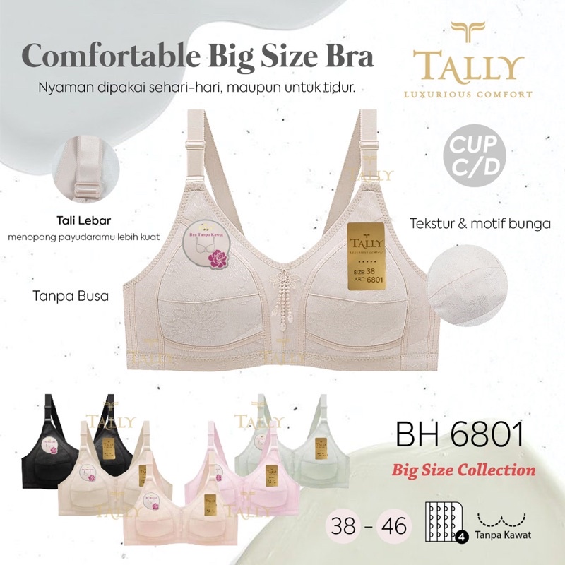 Bh | Bra Big Size TALLY 6801 Tanpa Kawat Dan Busa Tipis 38-46