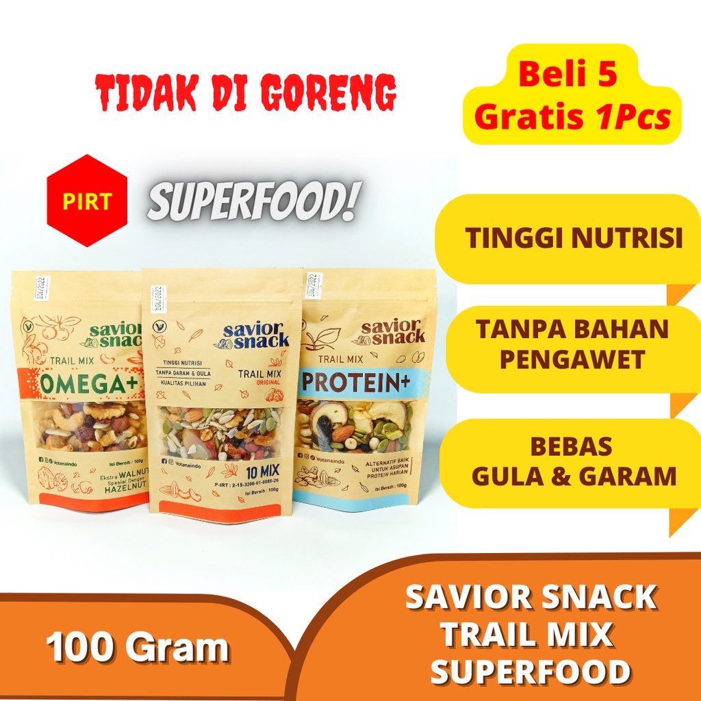 

MAKANAN RINGAN TINGGI NUTRISI CEMILAN SEHAT TRAIL MIX SUPERFOOD BAHAN ALAMI DARI KACANG KACANGAN BIJI BIJIAN DAN BUAH KERING BEBAS GULA & GARAM MENGANDUNG SERAT, PROTEIN & OMEGA - SAVIOR SNACK