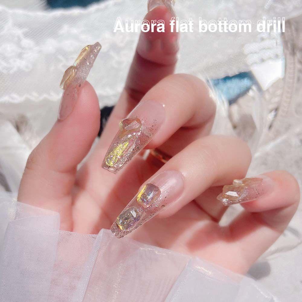 Needway Perhiasan Kuku Kristal Resin Fashion Jantung Bulat Hiasan Kuku set 3D Pesona Kuku Aurora Aksesoris Kuku