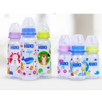 Huki Baby Botol Susu 60ml 120ml 240ml Dot Nipple Silicone Gepeng Botol Susu Bayi Huki Kuning Ungu Biru Food Grade Dot Gepeng Nipple Silicone PP Reguler Standard Botol SNI