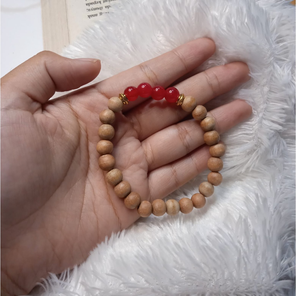Gelang Batu Original Handmade Kayu Cendana Kombinasi Batu Alam Red Agate