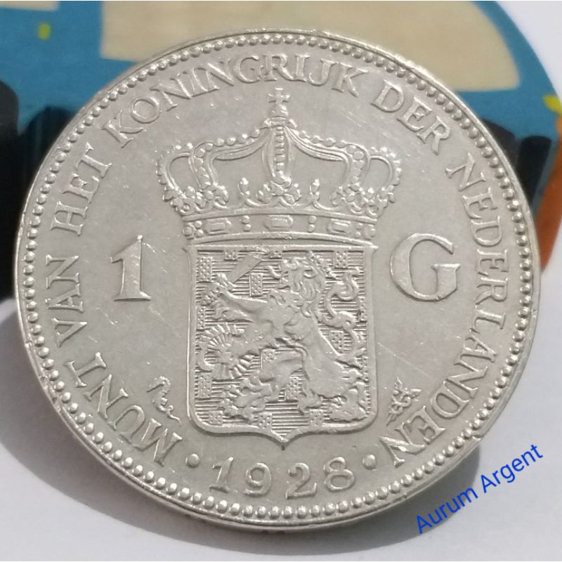 SWILH1G-19.. 1 PC KOIN PERAK KUNO ASLI 1 GULDEN WILHELMINA TH 1928.  -- SILVER COIN --