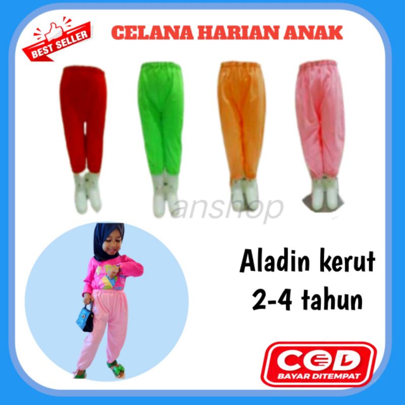 Pakaian fashion celana celamis harian kerut aladin panjang anak anak perempuan kaos katun perca umur