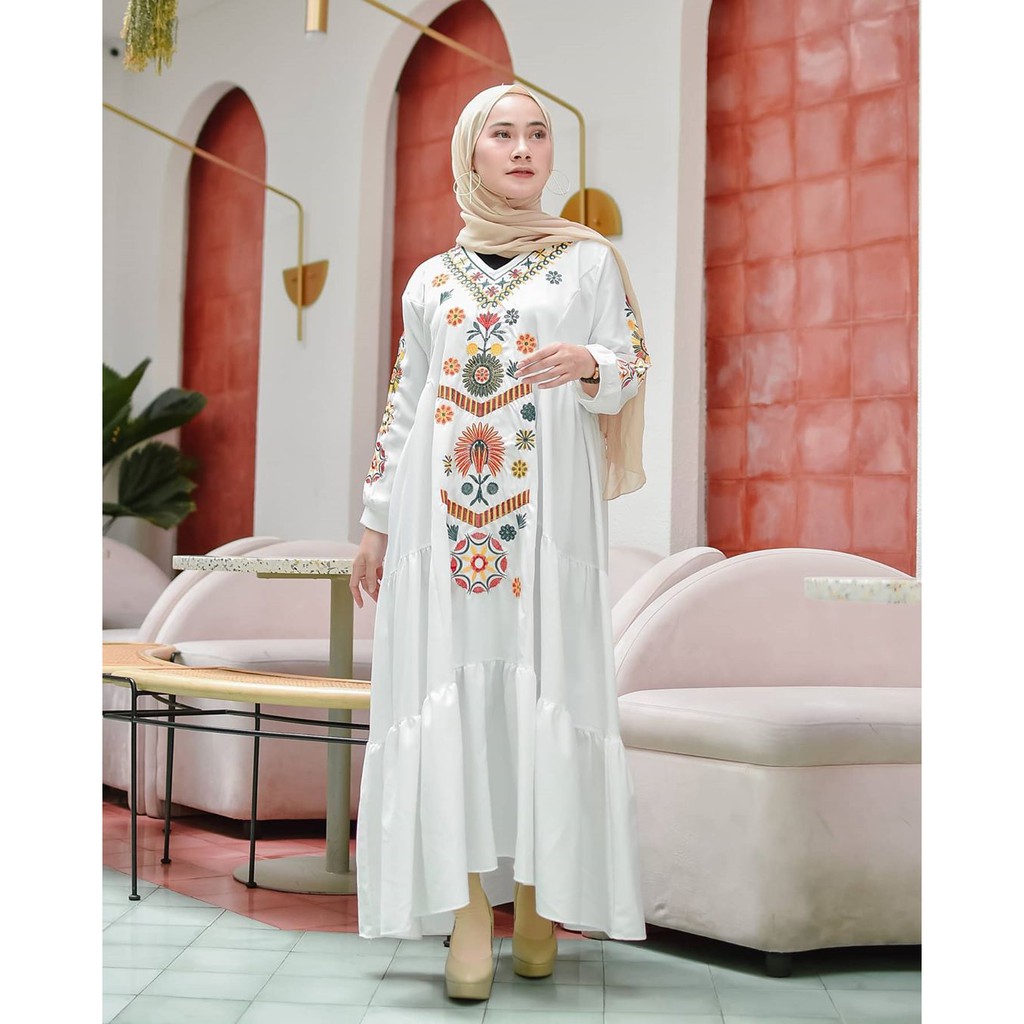 Ramadhani Dress - Gamis Putih Bordir Modern Fit to L Bahan Torrybruch Premium Tebal Motif Bunga - Dress Muslim Wanita Mewah Kekinian Elegant - Gamis Syar'i Turki Lengan Panjang Untuk Kondangan Lebaran Terlaris