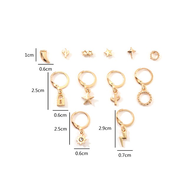 LRC Anting Tusuk Fashion Golden Lightning Pentagram Diamond Cactus Alloy Stud Earring Set D94458