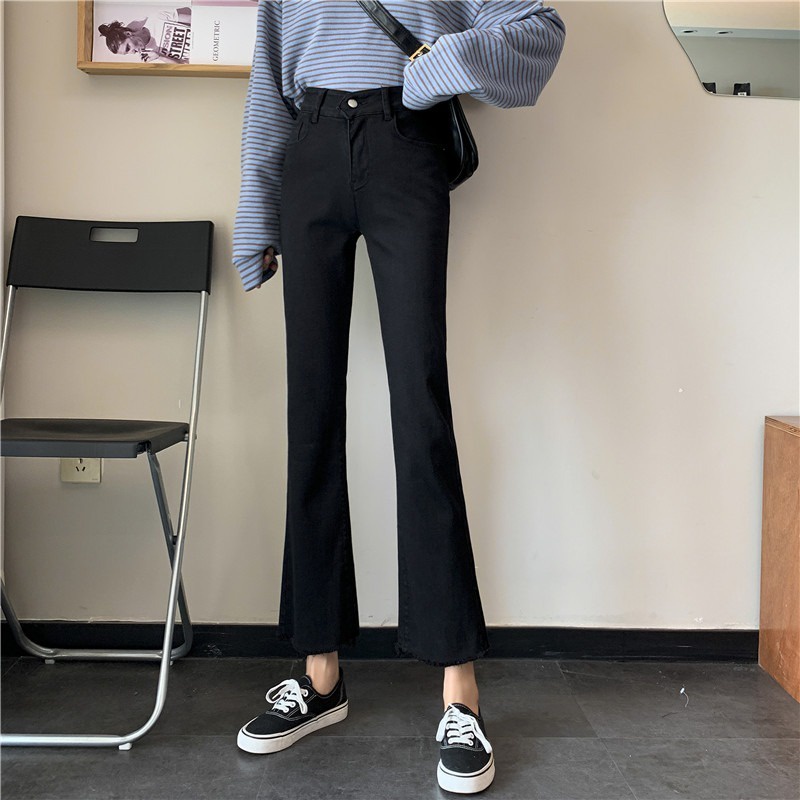 yikoo-Celana Panjang Hitam Korea Jeans Flare Wanita