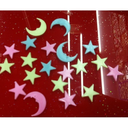 Grosir - H203 (100 pcs) Bintang &amp; Bulan Glow in the Dark Warna Warni / Stiker Dinding Bercahaya