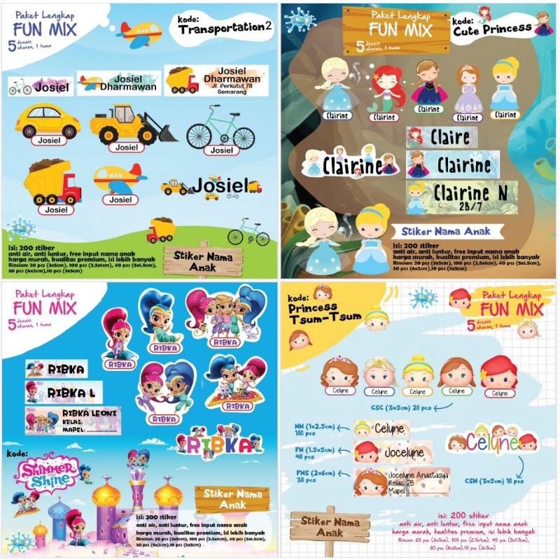 

200 PCS STIKER NAMA ANAK FUN MIX WATERPROOF GIRL / PEREMPUAN