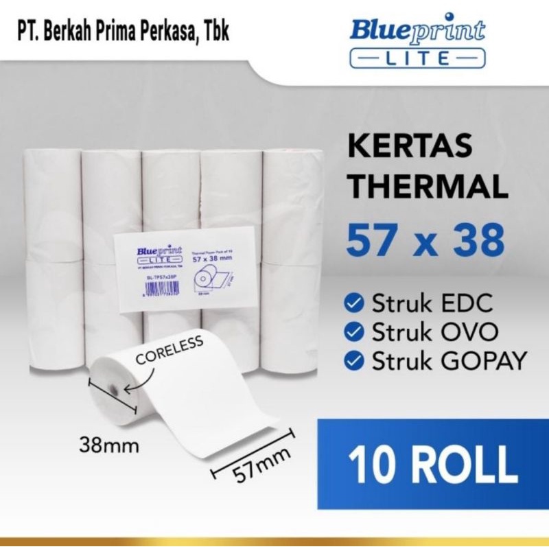 

KERTAS THERMAL BLUEPRINT 57X38, 1 PACK ISI 10 ROLL