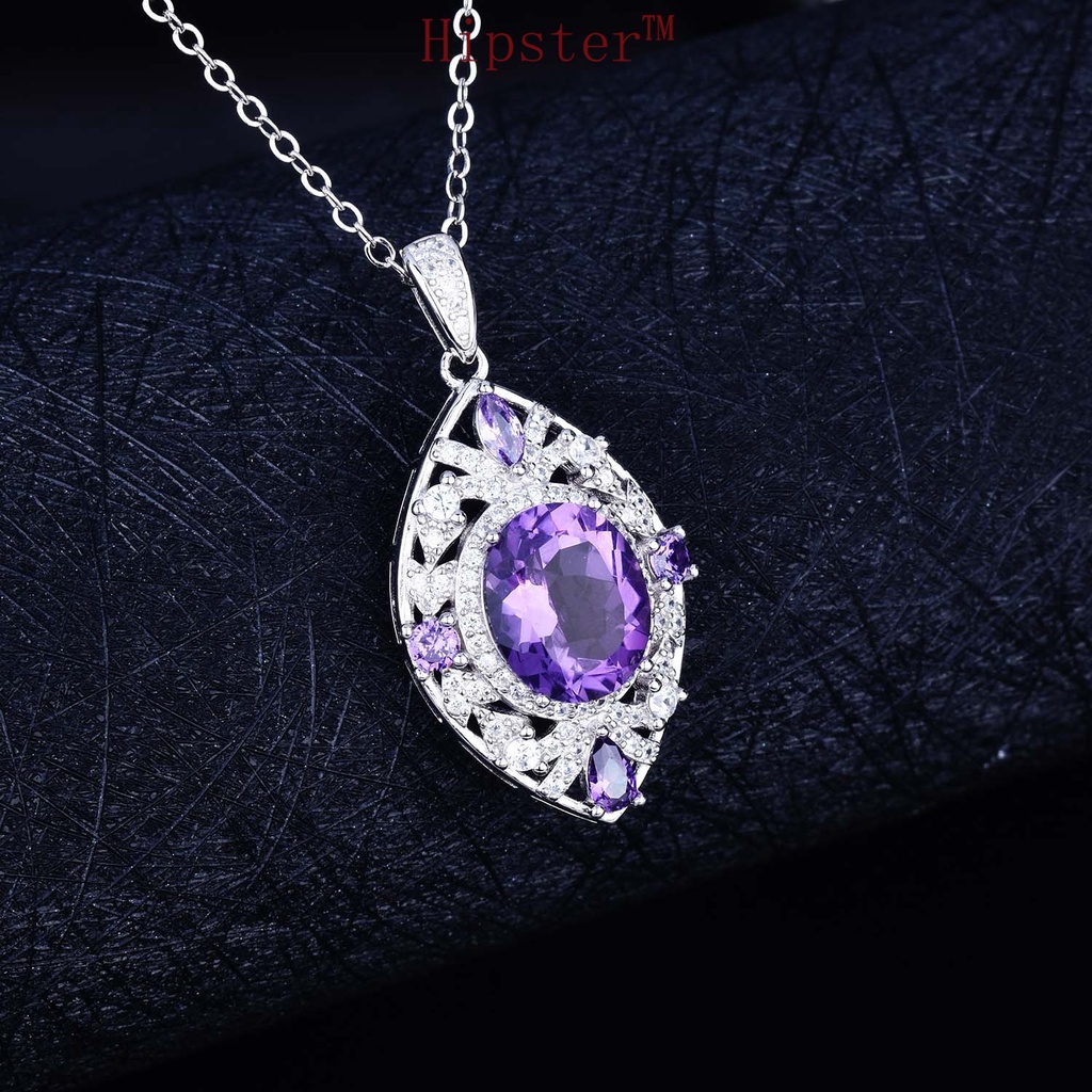 925 Silver Natural Amethyst Pendant 18K Platinum Necklace for Women