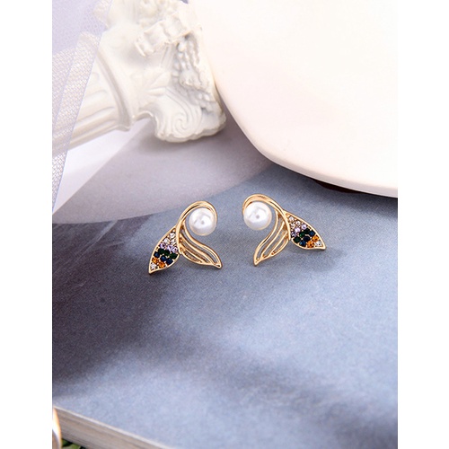 LRC Anting Tusuk Fashion Gold Color Fishtail Pearl And Diamond Alloy P66288