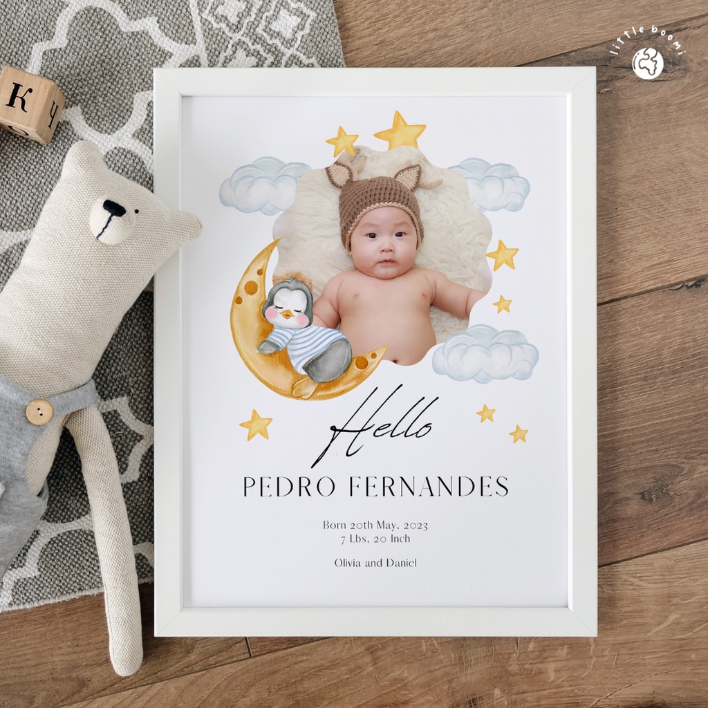 Bingkai Akrilik Foto Biodata Anak | Kado Lahiran | Custom Biodata Bayi | Cloudy Pengu