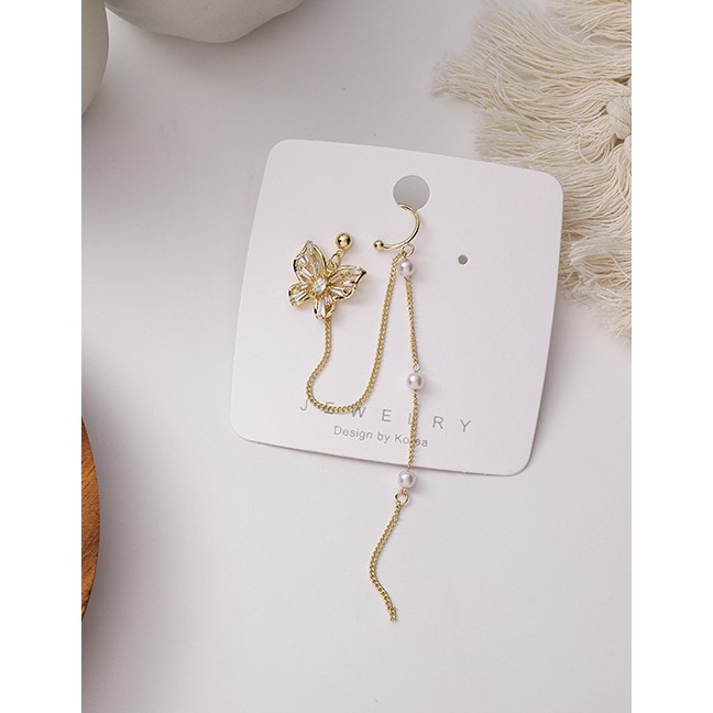 LRC Anting Tusuk Fashion Gold Color Crystal Butterfly Tassel Hollow P48294