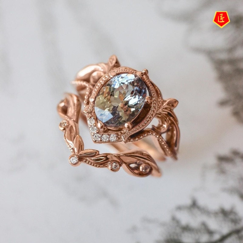 [Ready Stock]Exquisite Inlaid Opal Ring Set Female 18K Rose Gold