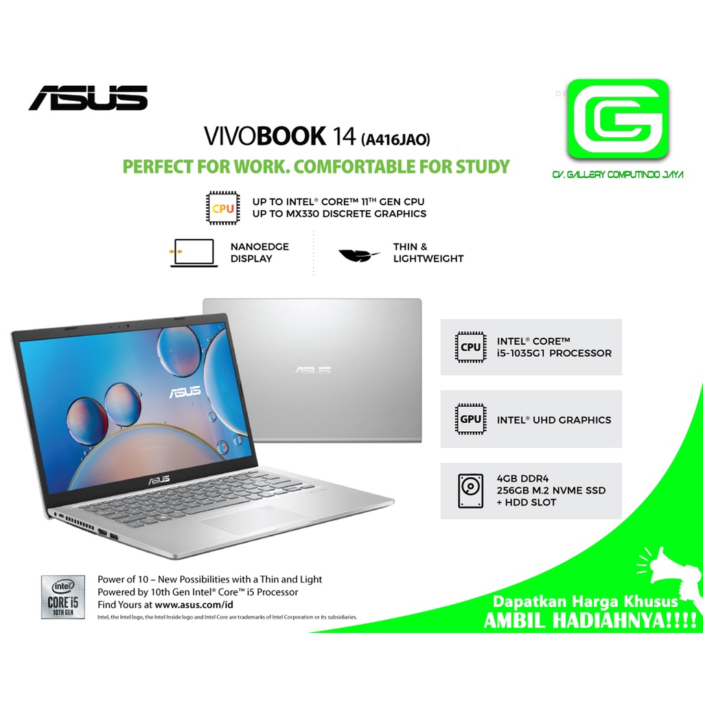 Asus VivoBook 14 A416JAO/Intel Core i5-1035G1/4GB/256GB SSD/Windows 10 H/Office