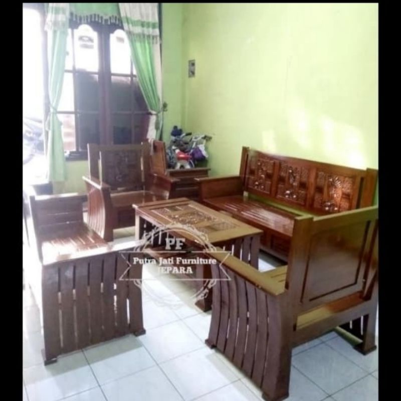 Meja kursi tamu kayu jati ukir Jepara formasi 3211 + meja