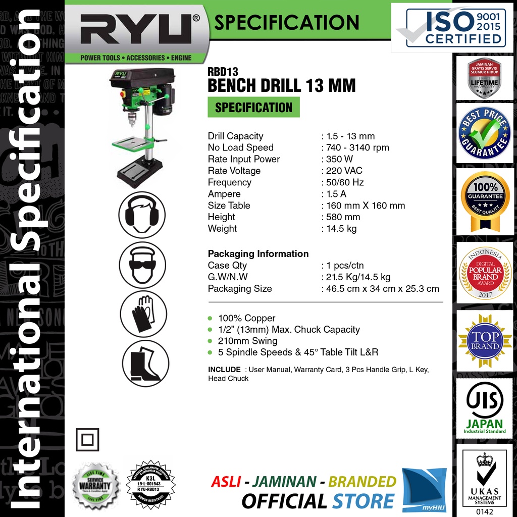 Mesin Bor Duduk Max 13 mm - Bench Drill RBD13 RYU