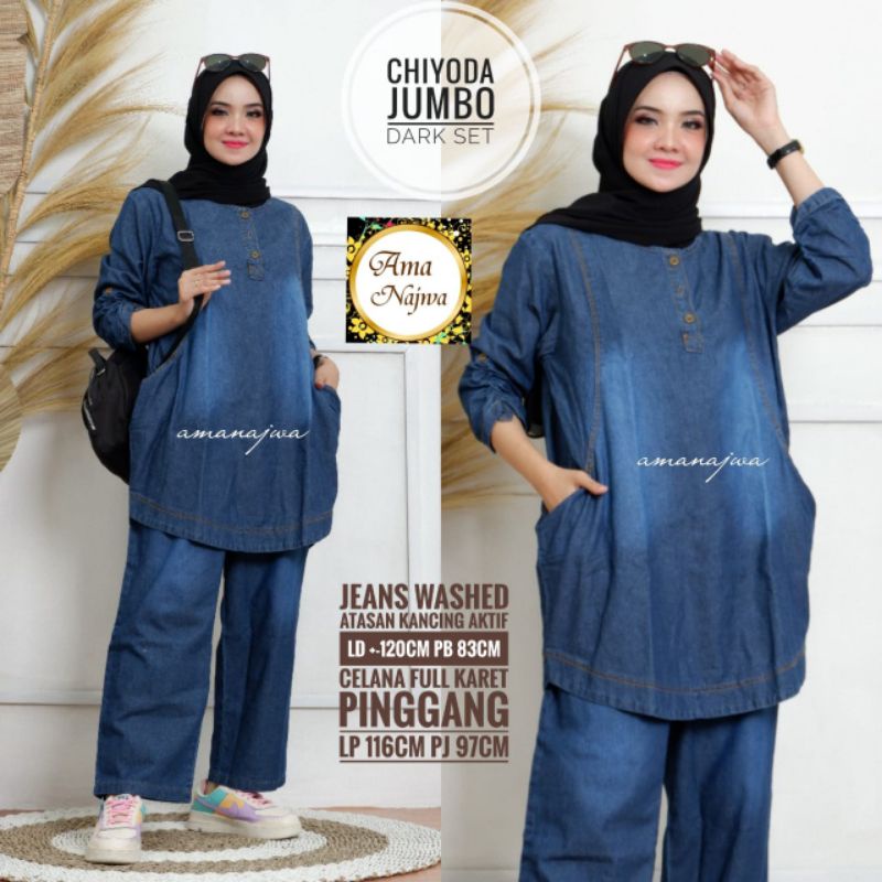 Tiga Chiyoda One Set Setelan Kulot Tunik Polos Jeans Ld 120 Jumbo Fit XXXL Busui Kancing Aktif By AM