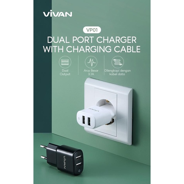 ADAPTOR VIVAN VP01 3.1A DUAL OUTPUT USB FAST CHARGER MICRO USB- Putih