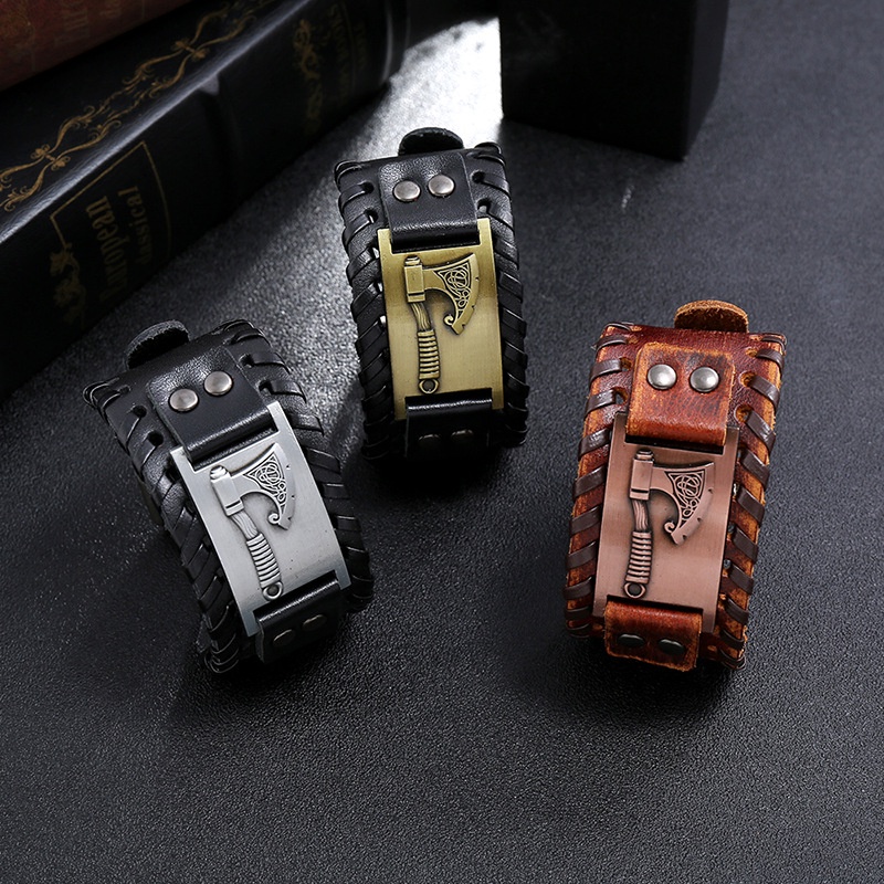 [Z H Perhiasan] Hip Hop Rock Retro Pria Fashion Stainless Steel Viking Rune Gelang Kulit Pesta Perhiasan Aksesoris