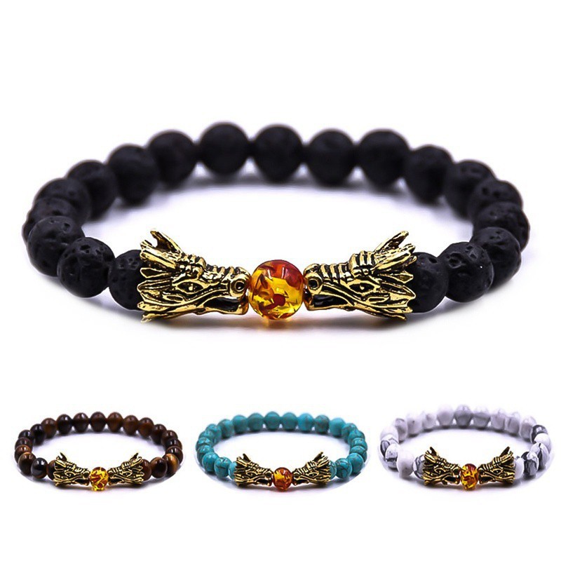 Women Mens Beads Bracelet With Steel Dragon Heads