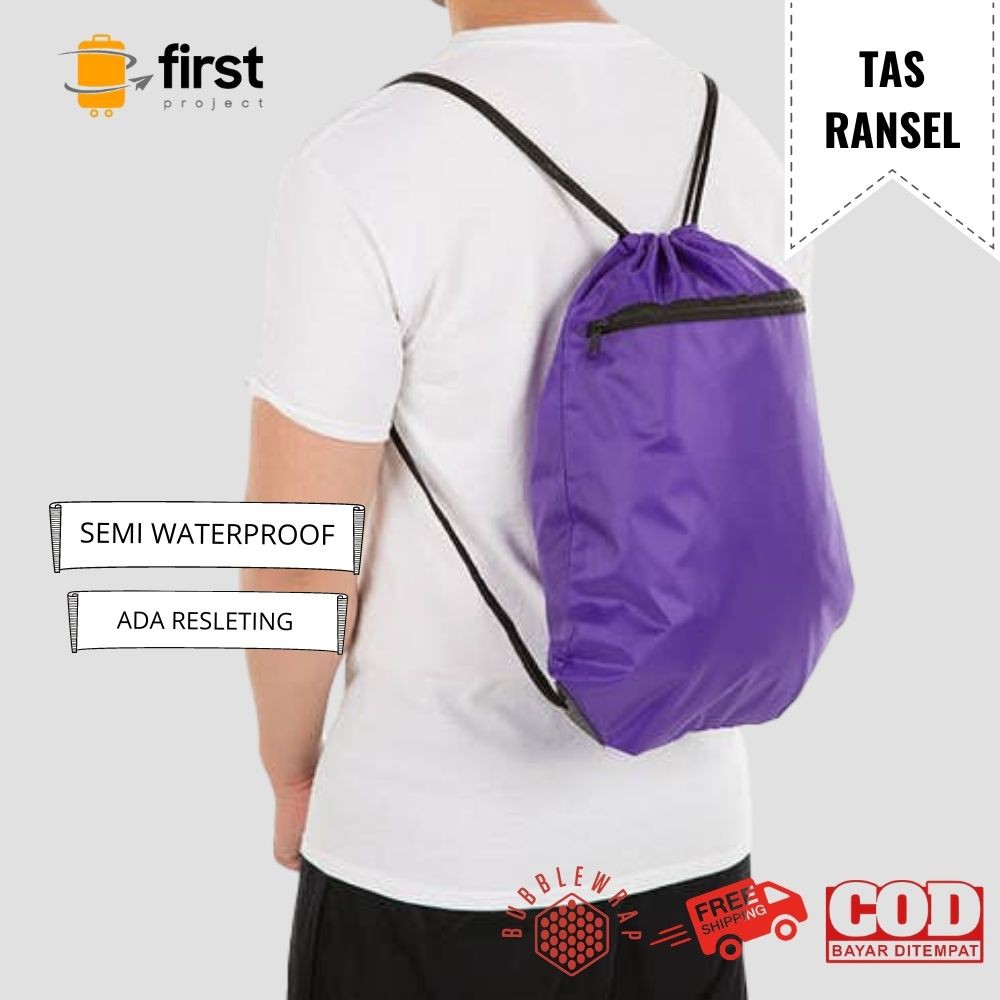 FIRST PROJECT - Tas Serut Ransel Punggung Pria Polos Anti Air Resleting Waterproof Drawstring Bag