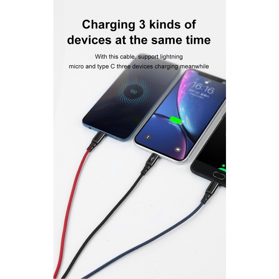 MCDODO CABLE DATA COLOUR 3 IN 1 FAST CHARGER TYPE-C + MICRO + IPHONE KABEL CASAN