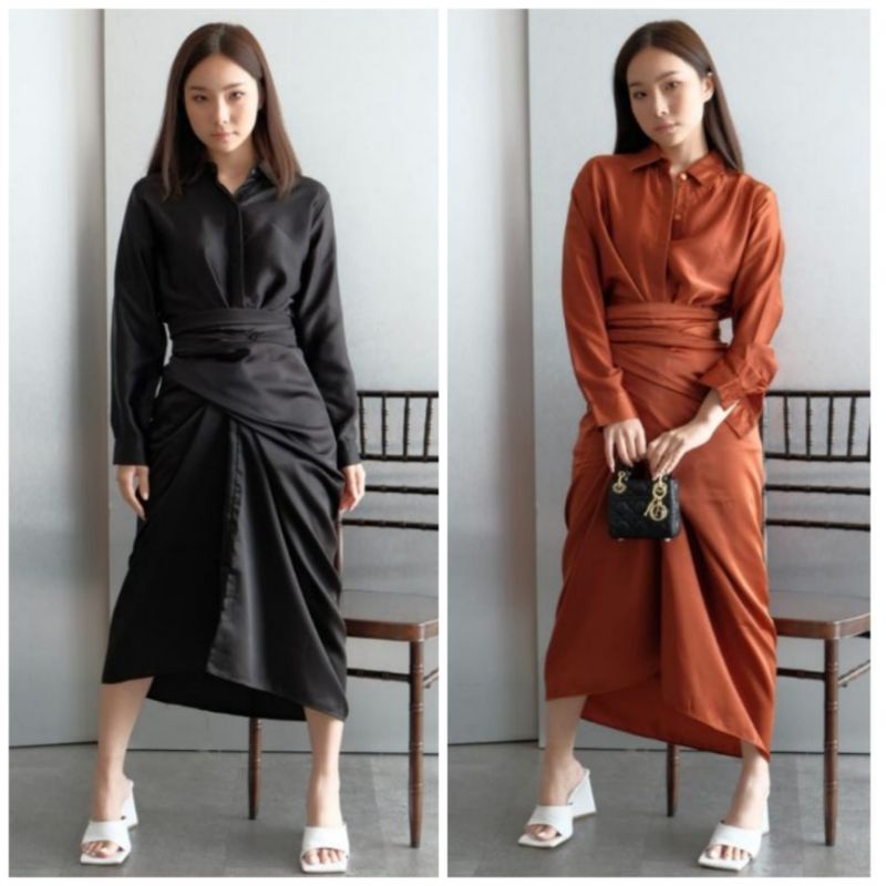 ❣️SPECIAL PRICE ♡ PREMIUM ♡ ORIGINAL ! CHRISTLE 2 IN 1 SET LONG SLEEVE COLLAR BUTTON WRAP MAXI  GAMIS / SETELAN KEMEJA &amp; ROK LILIT ( BUSUI &amp; HIJAB FRIENDLY )