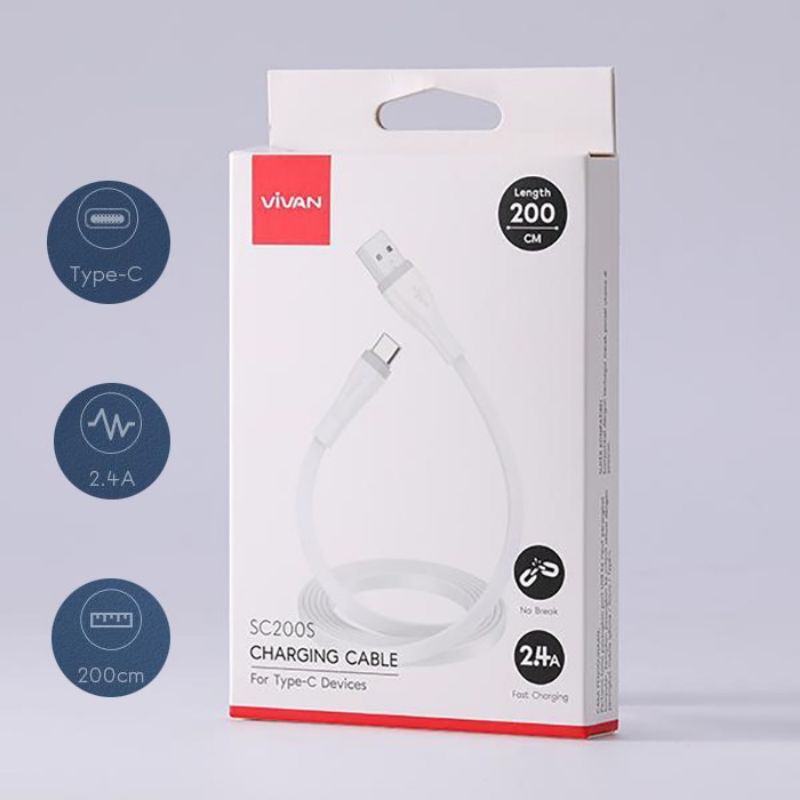 VIVAN SC200S Kabel Data USB Type-C 2 Meter 2.4A 200cm Tipe C Flat 2M