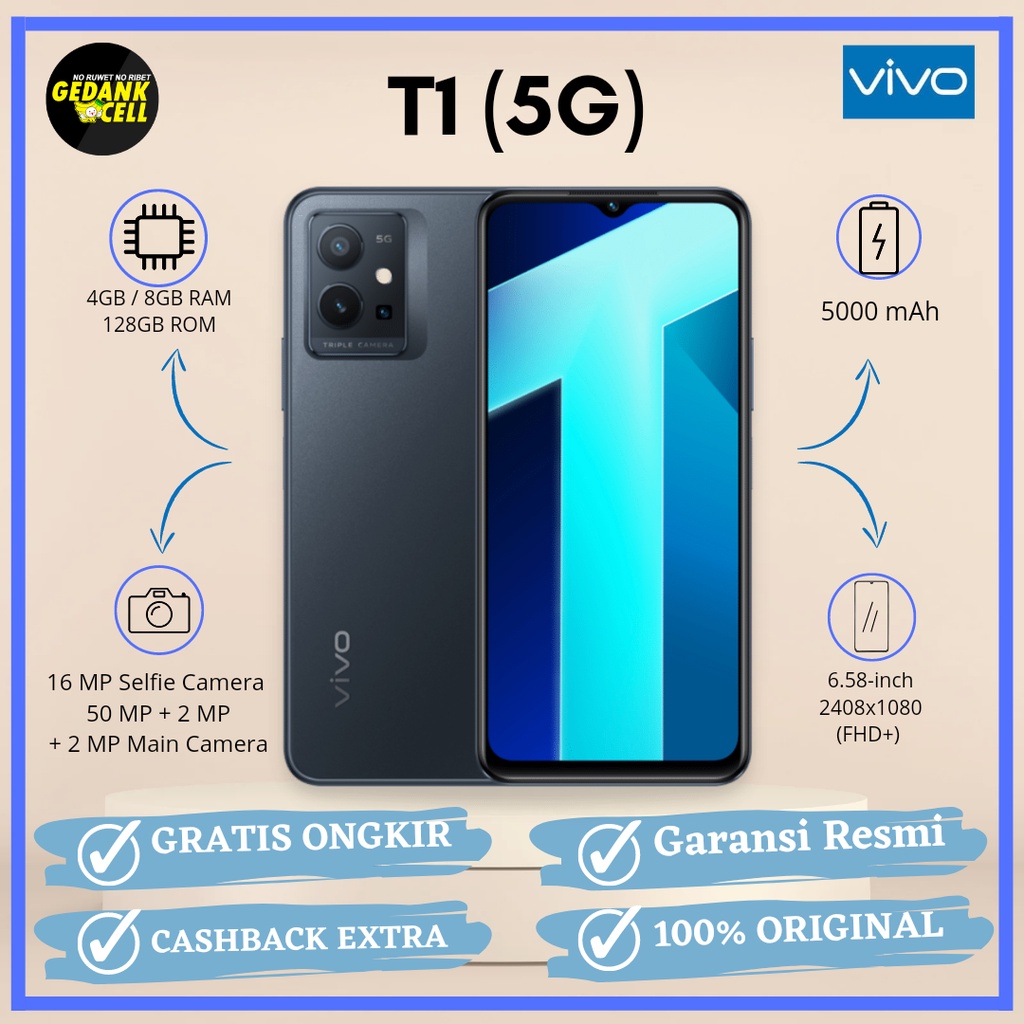 Vivo T1 (5G) 8/256gb - Hp New Resmi